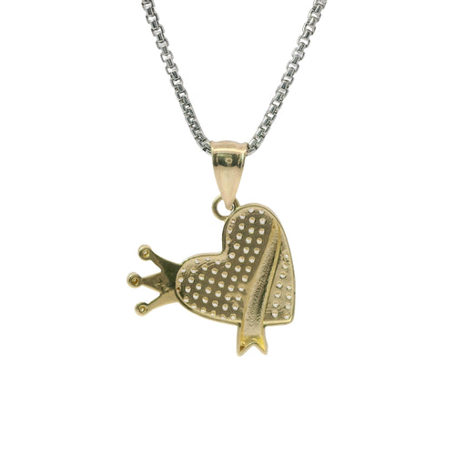 14KT Gold Charm Medium White CZ Stones Heart with Plain Crown, Sash and Bell