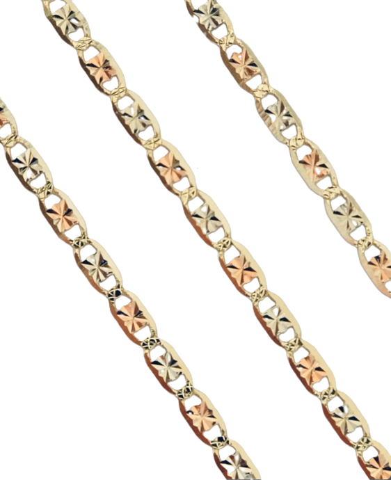 14KT Gold Chain Solid Tri Tone Square Valentino with Plain Edge and Lobster Clasp 10mm