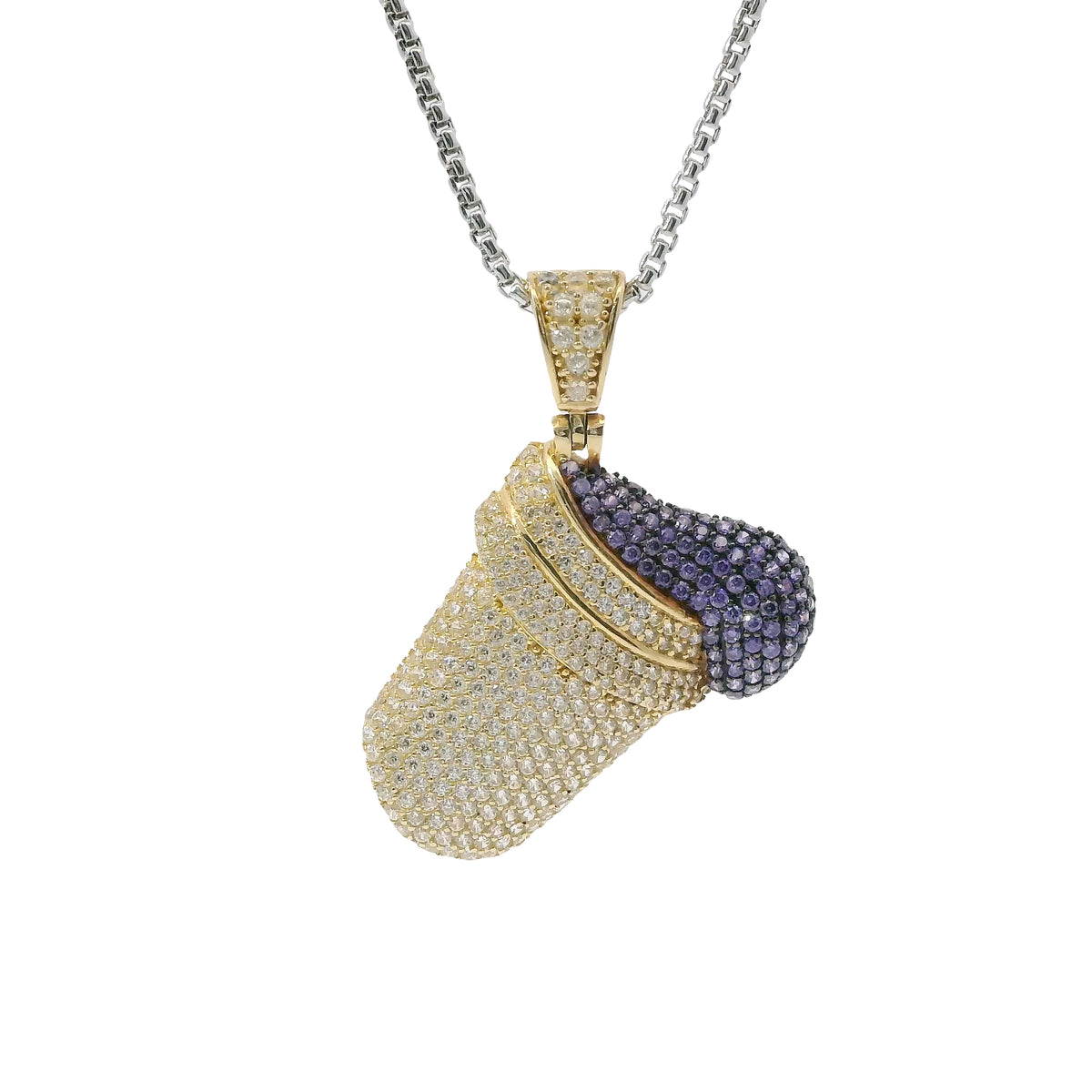 14KT Gold Charm Large 3D Double Cup Purple Lean Flat Back with White CZ Stones Cup and Bell