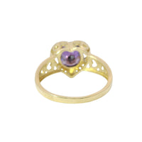 14KT Gold Ring Women's "15" Quincenaera Heart Round Purple Center CZ Stone with White CZ Stones Border and with Three Plain Stacked Cutout Hearts on Band