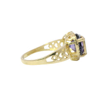 14KT Gold Ring Women's "15" Quincenaera Heart Round Purple Center CZ Stone with White CZ Stones Border and with Three Plain Stacked Cutout Hearts on Band