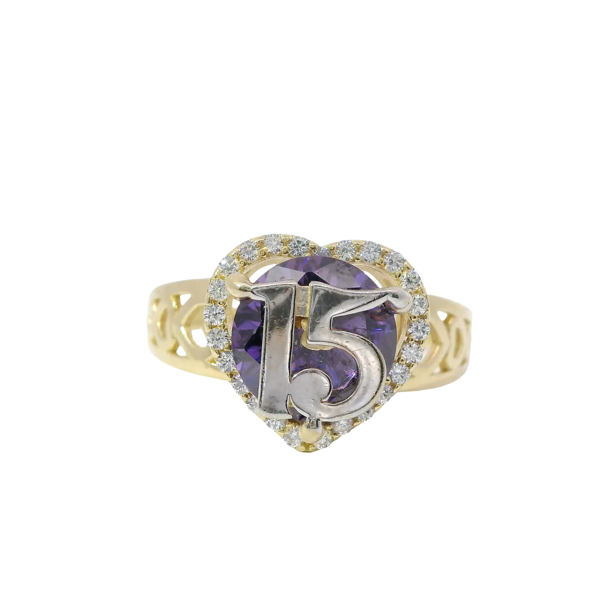 14KT Gold Ring Women's "15" Quincenaera Heart Round Purple Center CZ Stone with White CZ Stones Border and with Three Plain Stacked Cutout Hearts on Band