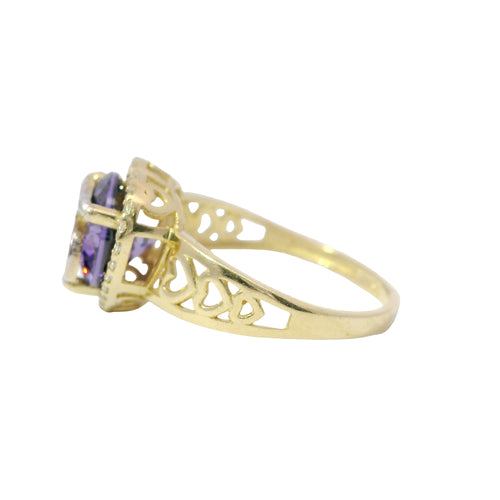 14KT Gold Ring Women's "15" Quincenaera Heart Round Purple Center CZ Stone with White CZ Stones Border and with Three Plain Stacked Cutout Hearts on Band