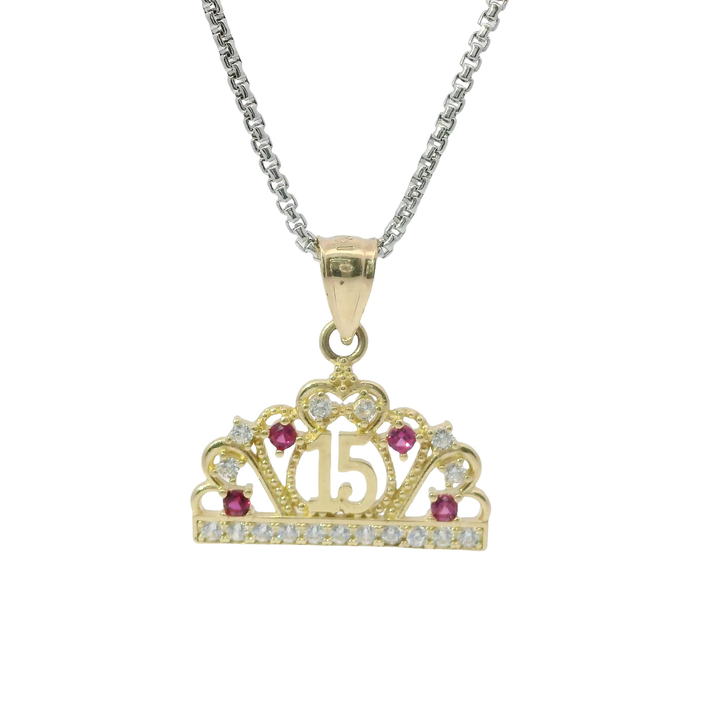14KT Gold Charm Jumbo Quincenaera "15" Center Open Heart Tiara with Dark Pink and White CZ Stones Top and Round White CZ Stones Band and Plain Bell
