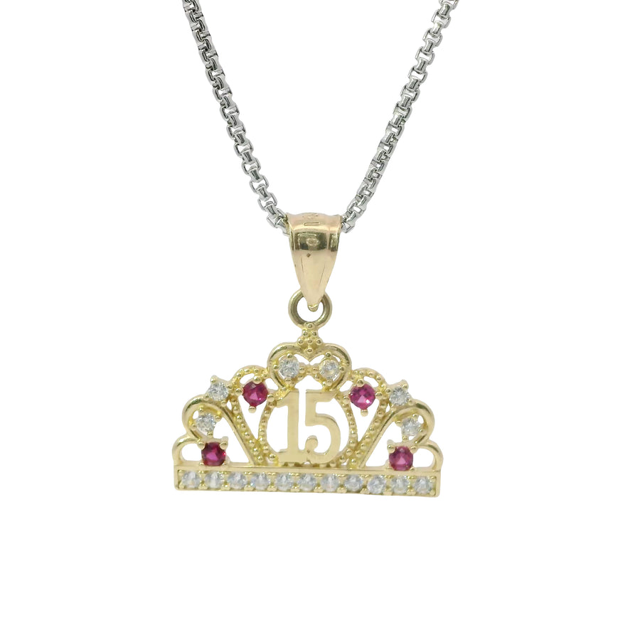 14KT Gold Charm Jumbo Quincenaera "15" Center Open Heart Tiara with Dark Pink and White CZ Stones Top and Round White CZ Stones Band and Plain Bell