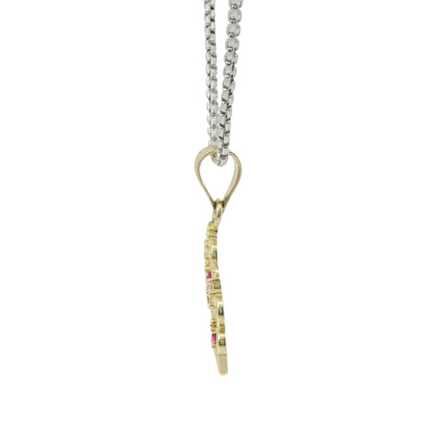 14KT Gold Charm Jumbo Quincenaera "15" Center Open Heart Tiara with Dark Pink and White CZ Stones Top and Round White CZ Stones Band and Plain Bell