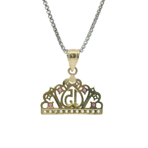 14KT Gold Charm Jumbo Quincenaera "15" Center Open Heart Tiara with Dark Pink and White CZ Stones Top and Round White CZ Stones Band and Plain Bell
