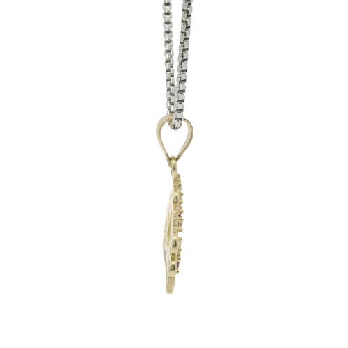 14KT Gold Charm Jumbo Quincenaera "15" Center Open Heart Tiara with Dark Pink and White CZ Stones Top and Round White CZ Stones Band and Plain Bell