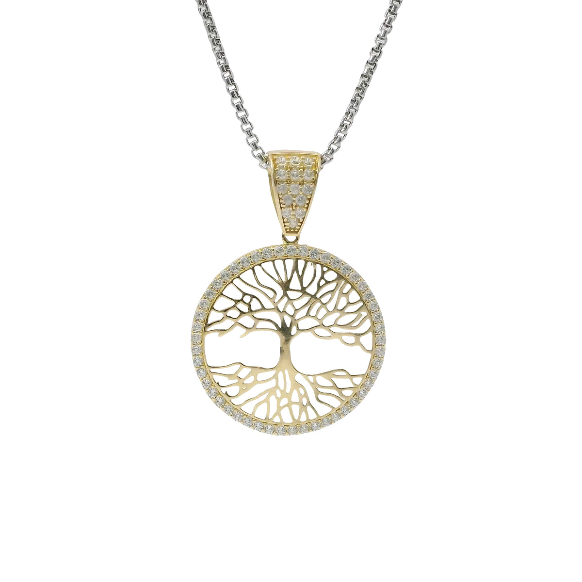 14KT Gold Charm Large Round Tree of Life with White CZ Stones Border and Bell