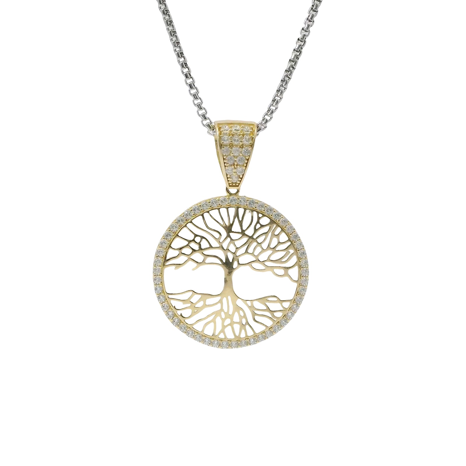 14KT Gold Charm Large Round Tree of Life with White CZ Stones Border and Bell