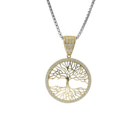 14KT Gold Charm Large Round Tree of Life with White CZ Stones Border and Bell