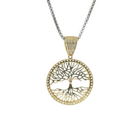 14KT Gold Charm Large Round Tree of Life with White CZ Stones Border and Bell