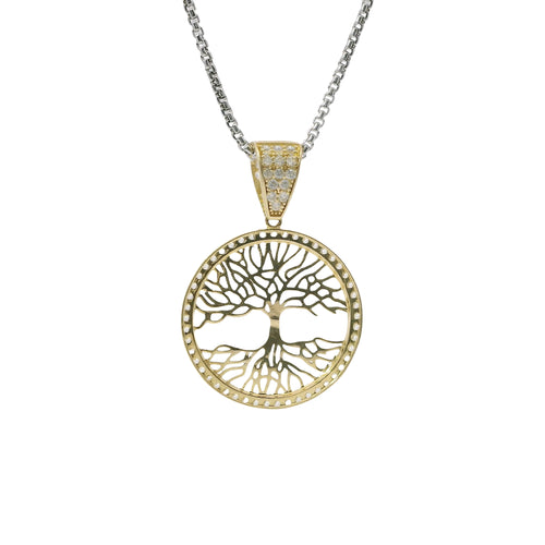 14KT Gold Charm Large Round Tree of Life with White CZ Stones Border and Bell