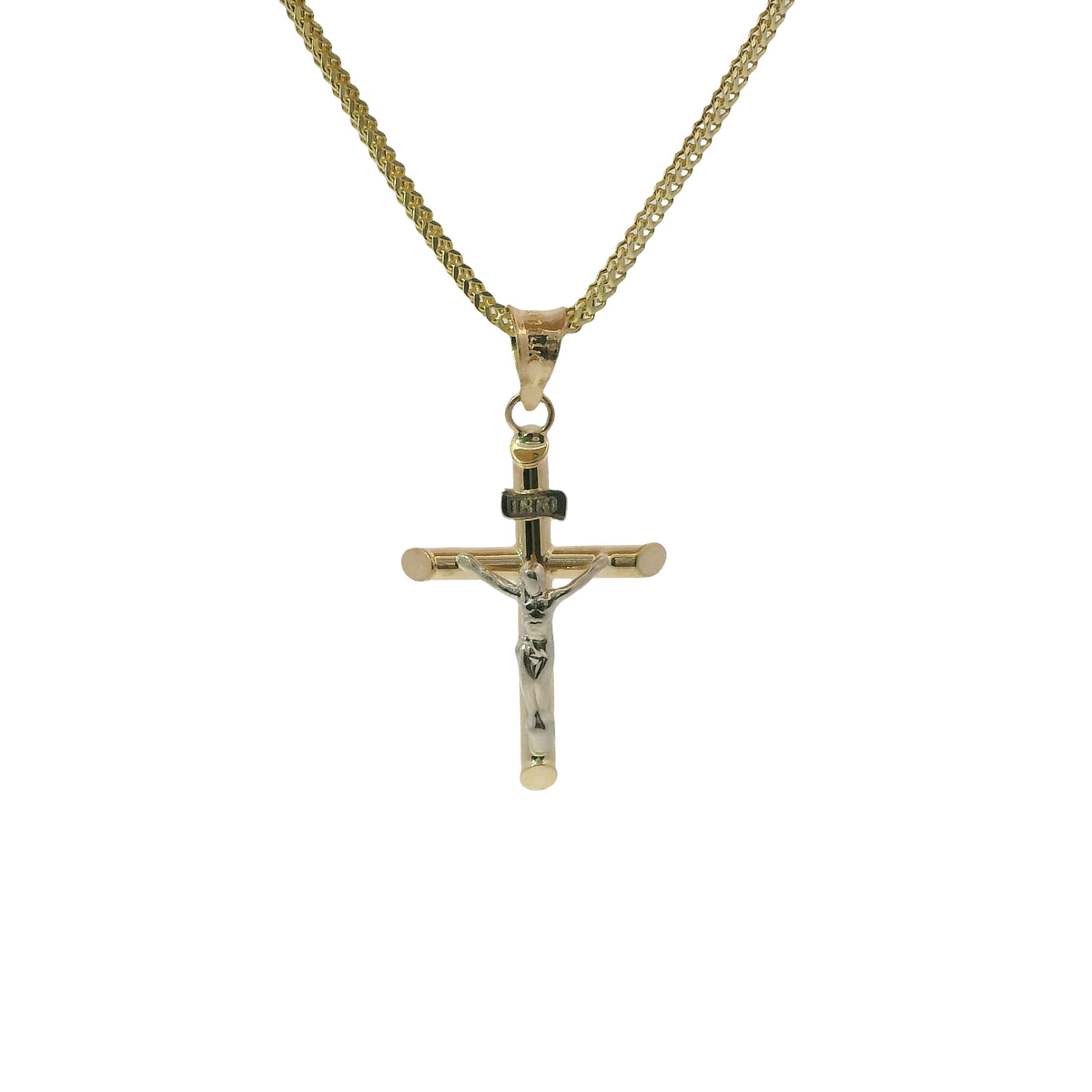14KT Gold Charm Small Two Tone Hollow Tube Slant Ends Crucifix Cross with Plain Bell