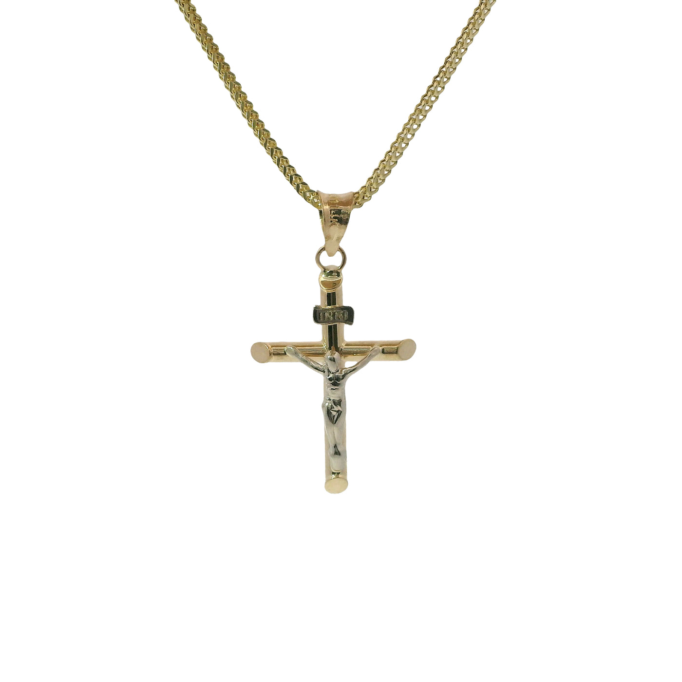 14KT Gold Charm Small Two Tone Hollow Tube Slant Ends Crucifix Cross with Plain Bell