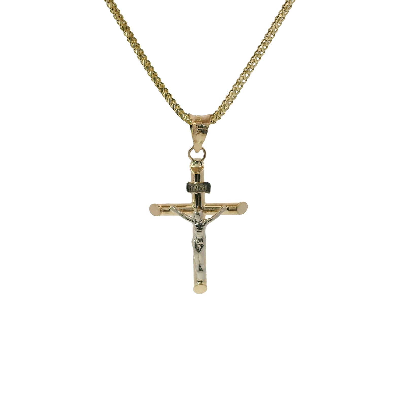 14KT Gold Charm Small Two Tone Hollow Tube Slant Ends Crucifix Cross with Plain Bell
