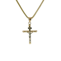 14KT Gold Charm Small Two Tone Hollow Tube Slant Ends Crucifix Cross with Plain Bell