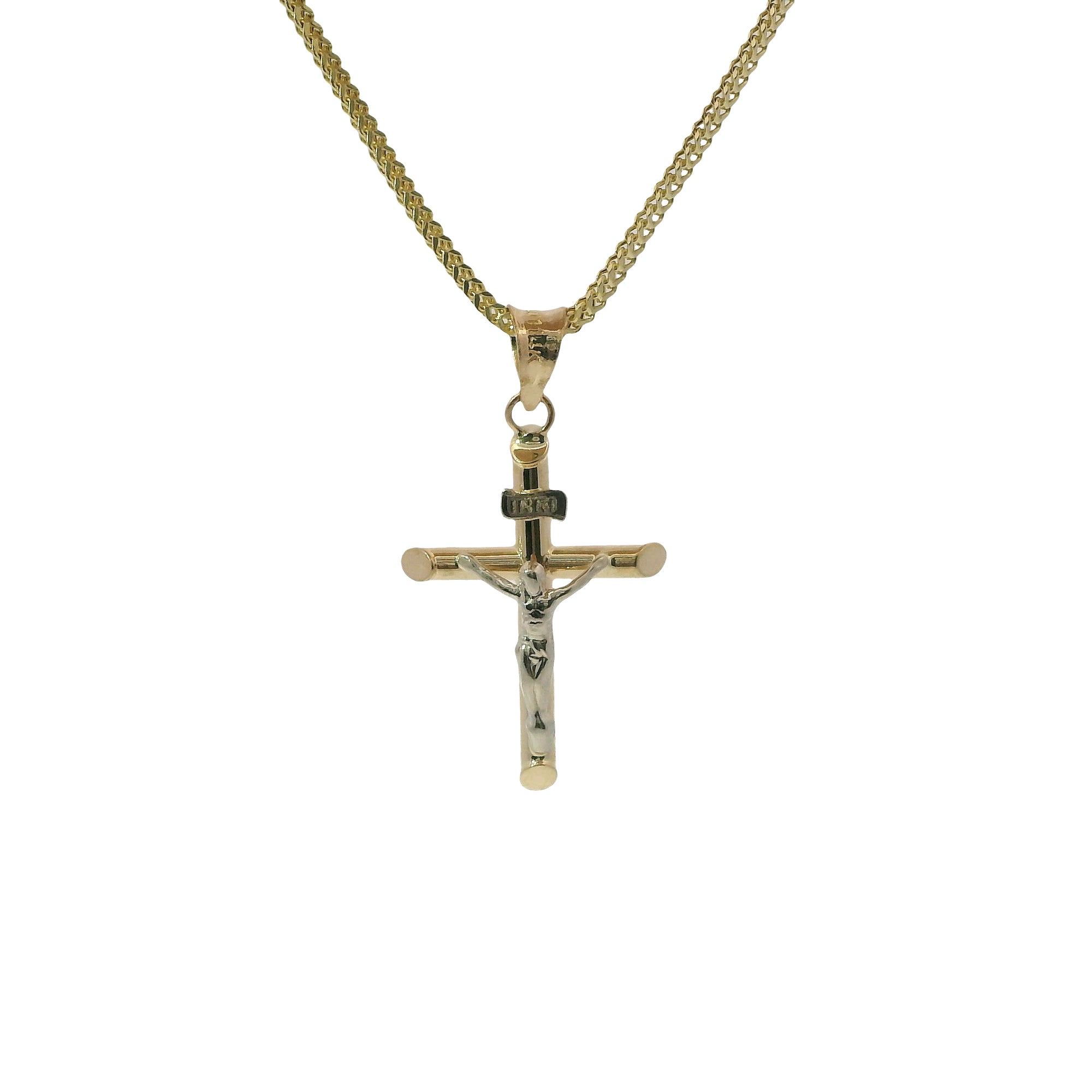 14KT Gold Charm Small Two Tone Hollow Tube Slant Ends Crucifix Cross with Plain Bell