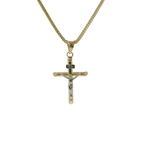 14KT Gold Charm Small Two Tone Hollow Tube Slant Ends Crucifix Cross with Plain Bell