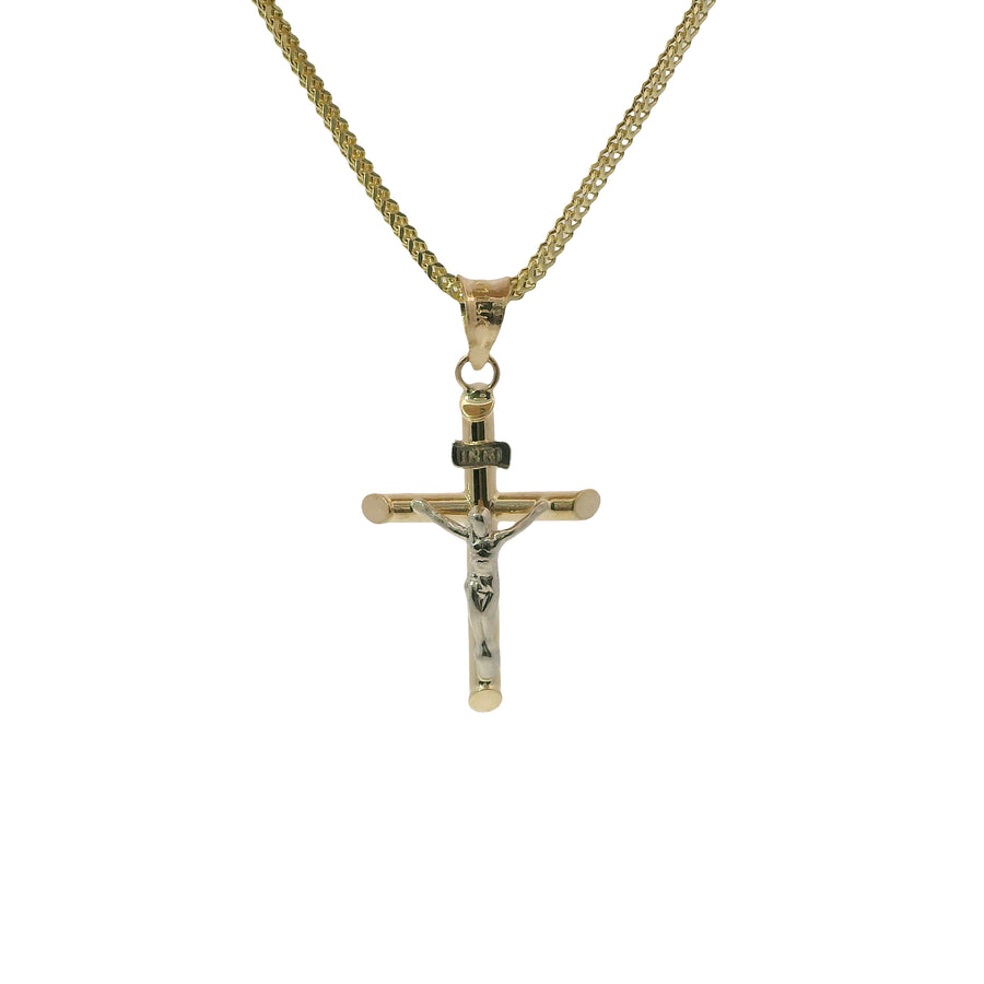14KT Gold Charm Small Two Tone Hollow Tube Slant Ends Crucifix Cross with Plain Bell