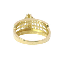 14KT Gold Ring Women's Eight Prong Square Green Clover Cluster CZ Stones with Plain Outline and White CZ Stones Border and Double Row Baguette Band Center with Round White CZ Borders