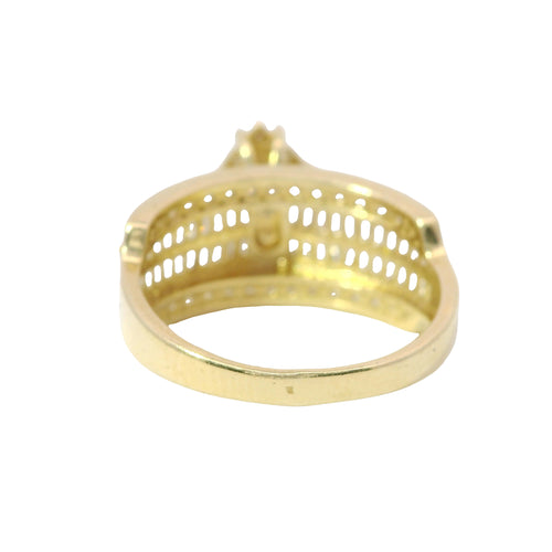 14KT Gold Ring Women's Eight Prong Square Green Clover Cluster CZ Stones with Plain Outline and White CZ Stones Border and Double Row Baguette Band Center with Round White CZ Borders