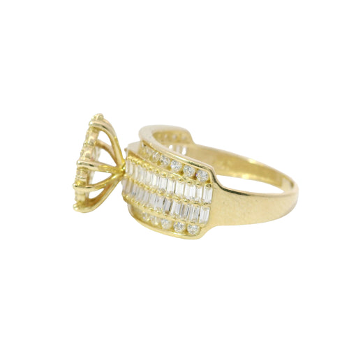 14KT Gold Ring Women's Eight Prong Square Dark Pink Clover Cluster CZ Stones with Plain Outline and White CZ Stones Border and Double Row Baguette Band Center with Round White CZ Borders