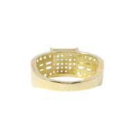 14KT Gold Ring Women's Mini Square Four Prong Six Row White CZ Stones Cluster with Four Sections of Two CZ Baguettes with Single Row of Round White CZ Stones Border Band