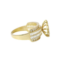 14KT Gold Ring Women's Eight Prong Square Dark Pink Clover Cluster CZ Stones with Plain Outline and White CZ Stones Border and Double Row Baguette Band Center with Round White CZ Borders