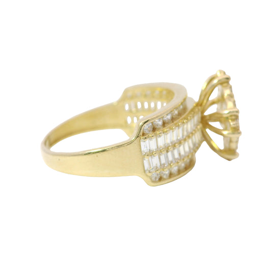 14KT Gold Ring Women's Eight Prong Square Green Clover Cluster CZ Stones with Plain Outline and White CZ Stones Border and Double Row Baguette Band Center with Round White CZ Borders