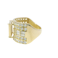 14KT Gold Ring Women's Mini Square Four Prong Six Row White CZ Stones Cluster with Four Sections of Two CZ Baguettes with Double Row of Round White CZ Stones Border Band