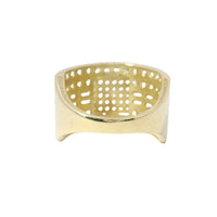 14KT Gold Ring Women's Mini Square Four Prong Six Row White CZ Stones Cluster with Four Sections of Two CZ Baguettes with Double Row of Round White CZ Stones Border Band