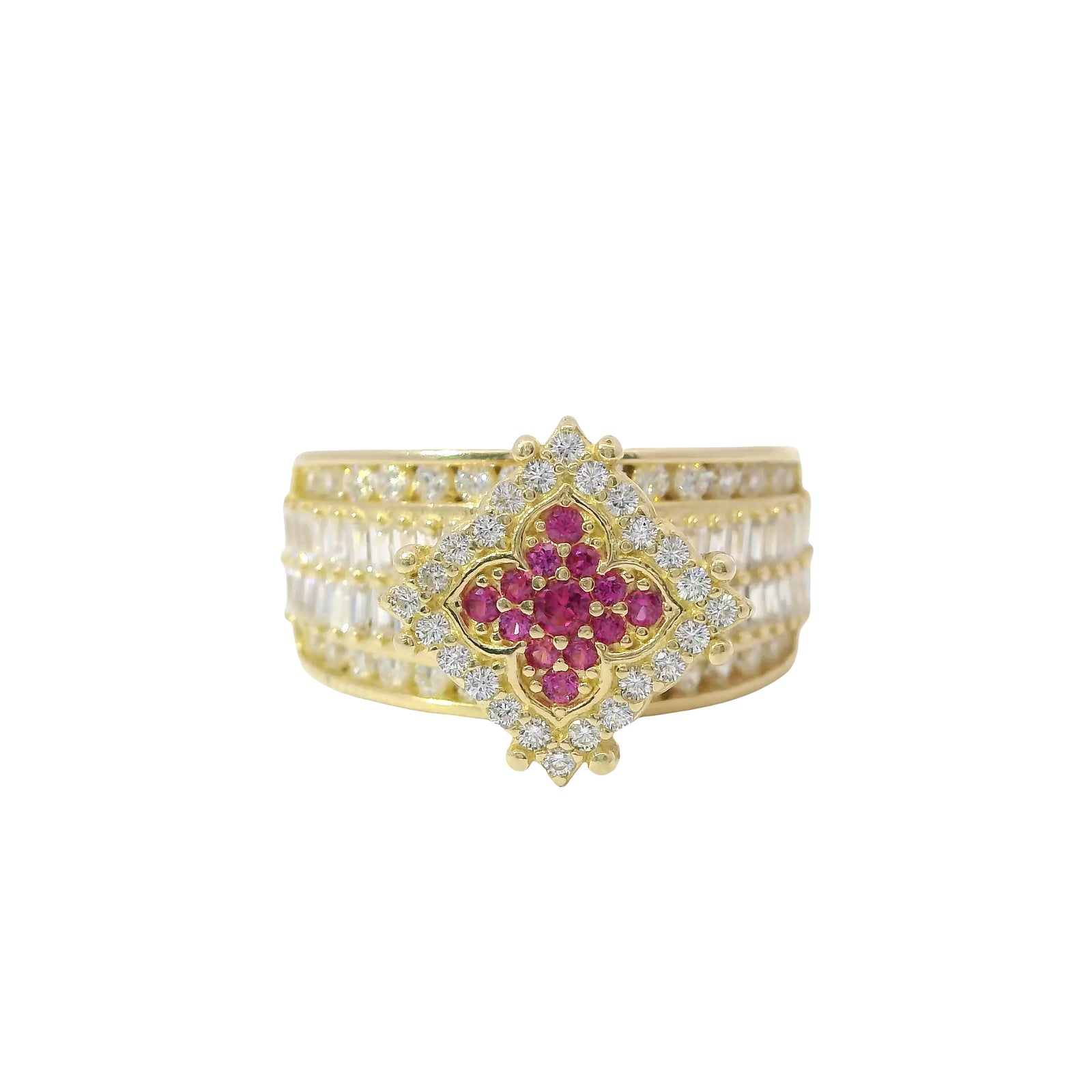 14KT Gold Ring Women's Eight Prong Square Dark Pink Clover Cluster CZ Stones with Plain Outline and White CZ Stones Border and Double Row Baguette Band Center with Round White CZ Borders