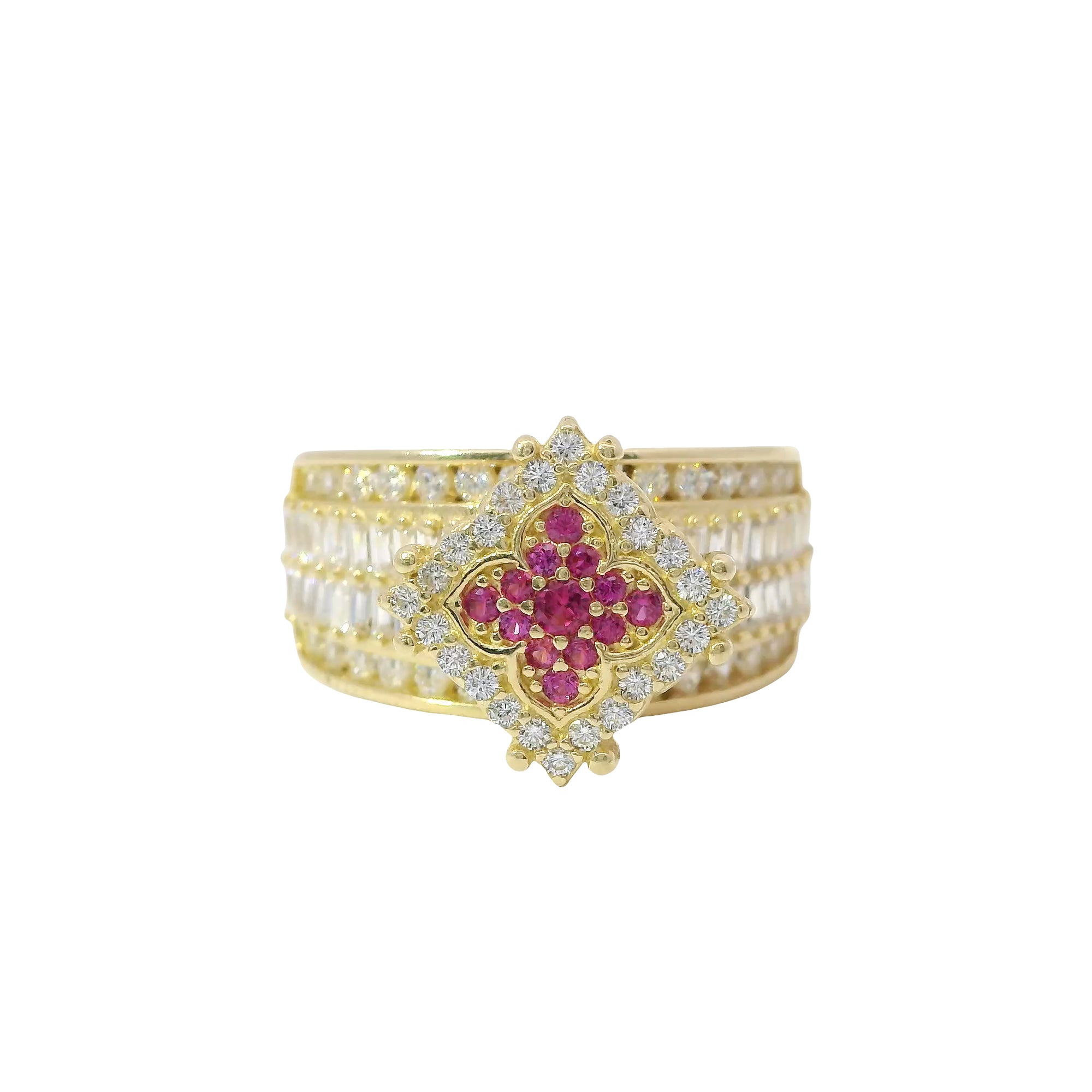 14KT Gold Ring Women's Eight Prong Square Dark Pink Clover Cluster CZ Stones with Plain Outline and White CZ Stones Border and Double Row Baguette Band Center with Round White CZ Borders