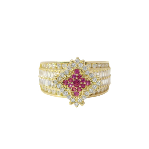 14KT Gold Ring Women's Eight Prong Square Dark Pink Clover Cluster CZ Stones with Plain Outline and White CZ Stones Border and Double Row Baguette Band Center with Round White CZ Borders