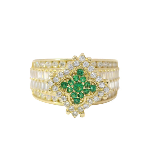 14KT Gold Ring Women's Eight Prong Square Green Clover Cluster CZ Stones with Plain Outline and White CZ Stones Border and Double Row Baguette Band Center with Round White CZ Borders