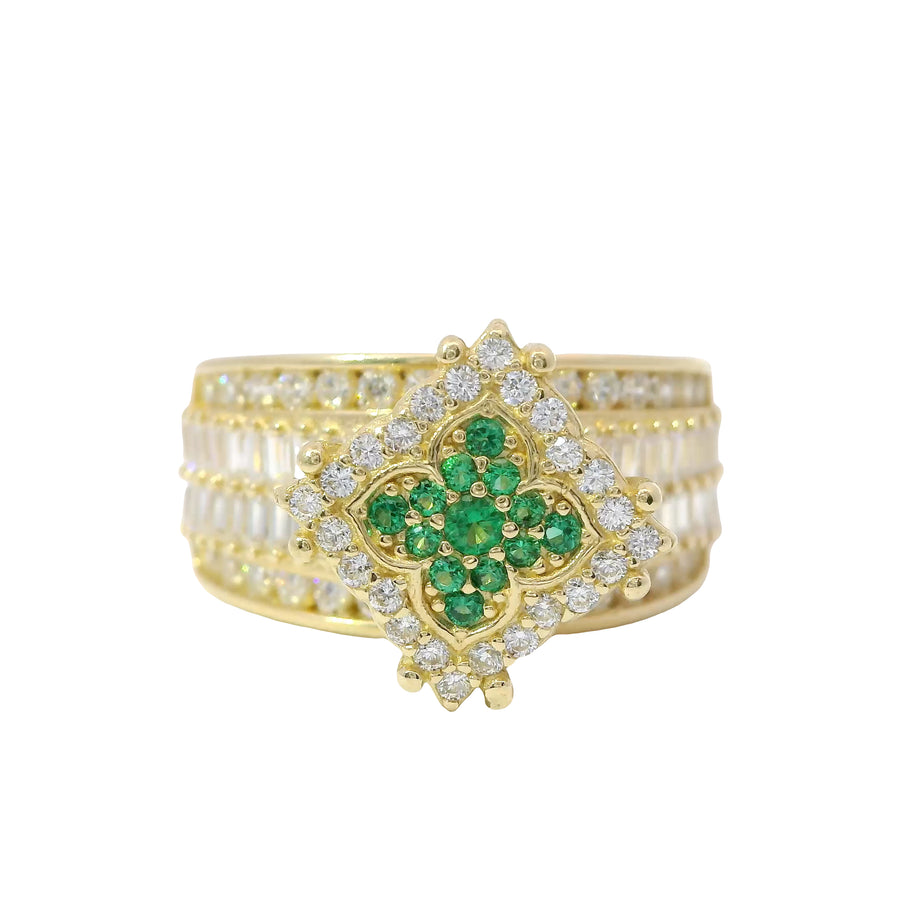 14KT Gold Ring Women's Eight Prong Square Green Clover Cluster CZ Stones with Plain Outline and White CZ Stones Border and Double Row Baguette Band Center with Round White CZ Borders