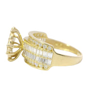 14KT Gold Ring Women's Eight Prong Square Green Clover Cluster CZ Stones with Plain Outline and White CZ Stones Border and Double Row Baguette Band Center with Round White CZ Borders