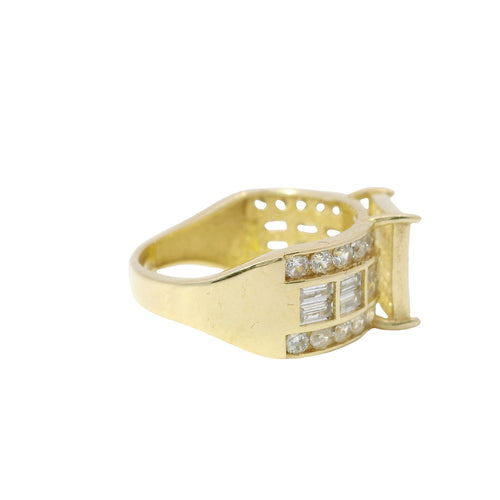 14KT Gold Ring Women's Eight Prong Square Light Pink Clover Cluster CZ Stones with Plain Outline and White CZ Stones Border and Double Row Baguette Band Center with Round White CZ Borders