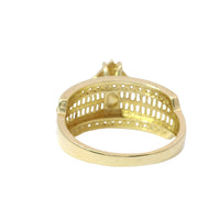 14KT Gold Ring Women's Eight Prong Square Light Pink Clover Cluster CZ Stones with Plain Outline and White CZ Stones Border and Double Row Baguette Band Center with Round White CZ Borders