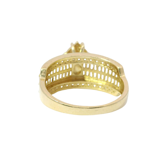 14KT Gold Ring Women's Eight Prong Square Light Pink Clover Cluster CZ Stones with Plain Outline and White CZ Stones Border and Double Row Baguette Band Center with Round White CZ Borders