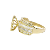 14KT Gold Ring Women's Eight Prong Square Light Pink Clover Cluster CZ Stones with Plain Outline and White CZ Stones Border and Double Row Baguette Band Center with Round White CZ Borders