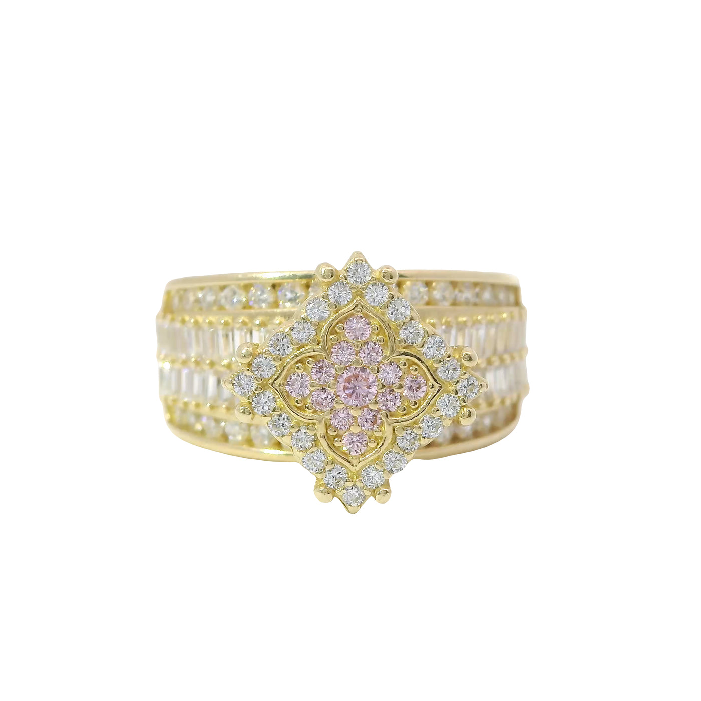 14KT Gold Ring Women's Eight Prong Square Light Pink Clover Cluster CZ Stones with Plain Outline and White CZ Stones Border and Double Row Baguette Band Center with Round White CZ Borders