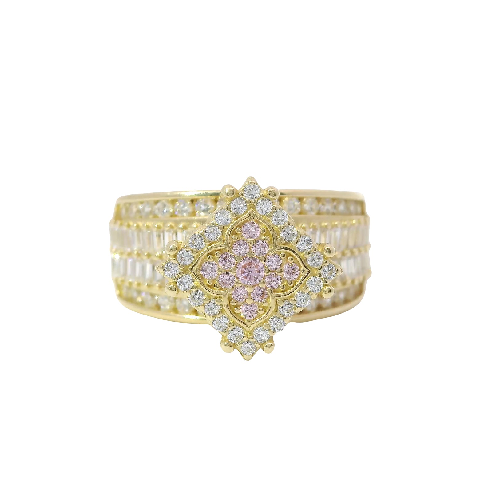 14KT Gold Ring Women's Eight Prong Square Light Pink Clover Cluster CZ Stones with Plain Outline and White CZ Stones Border and Double Row Baguette Band Center with Round White CZ Borders