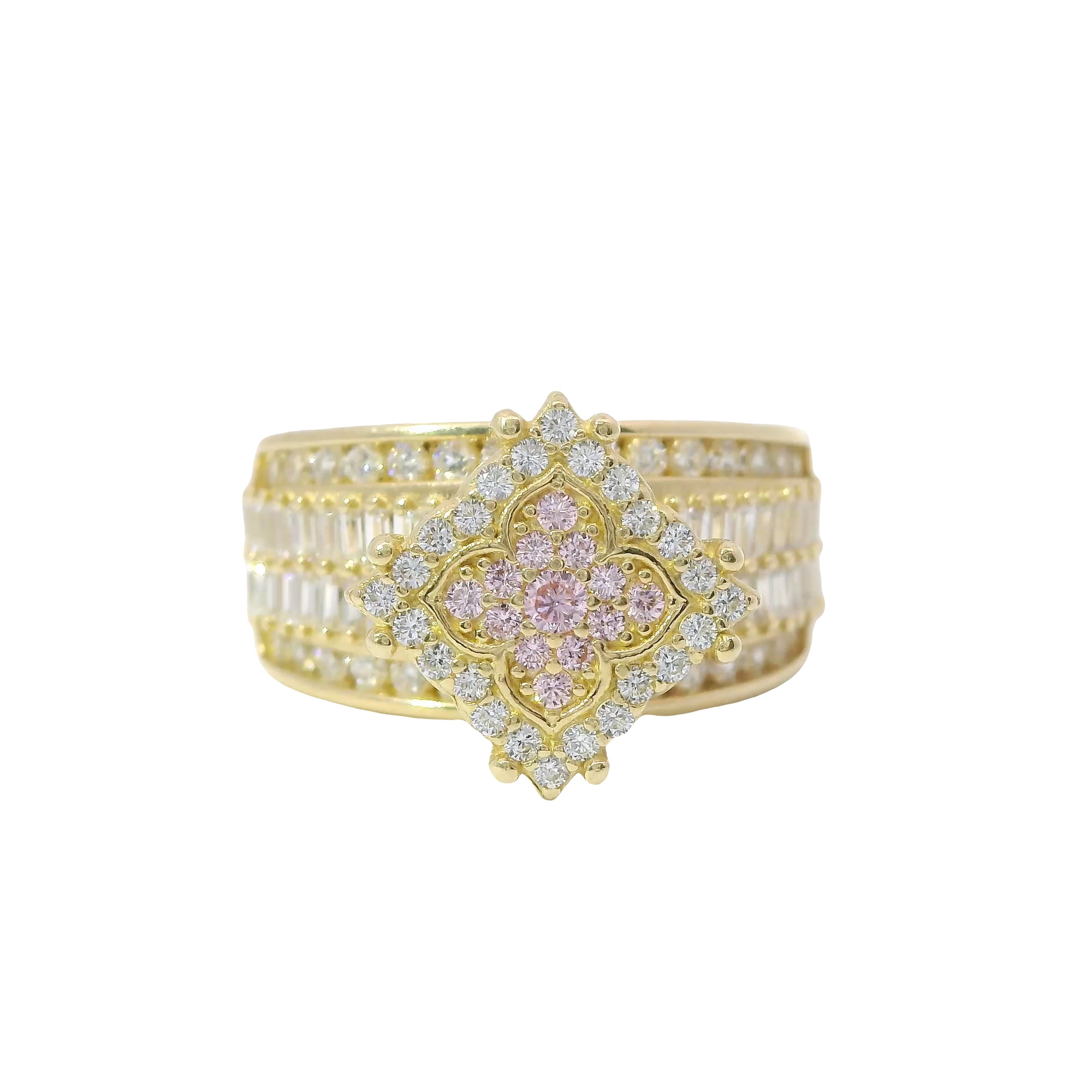 14KT Gold Ring Women's Eight Prong Square Light Pink Clover Cluster CZ Stones with Plain Outline and White CZ Stones Border and Double Row Baguette Band Center with Round White CZ Borders