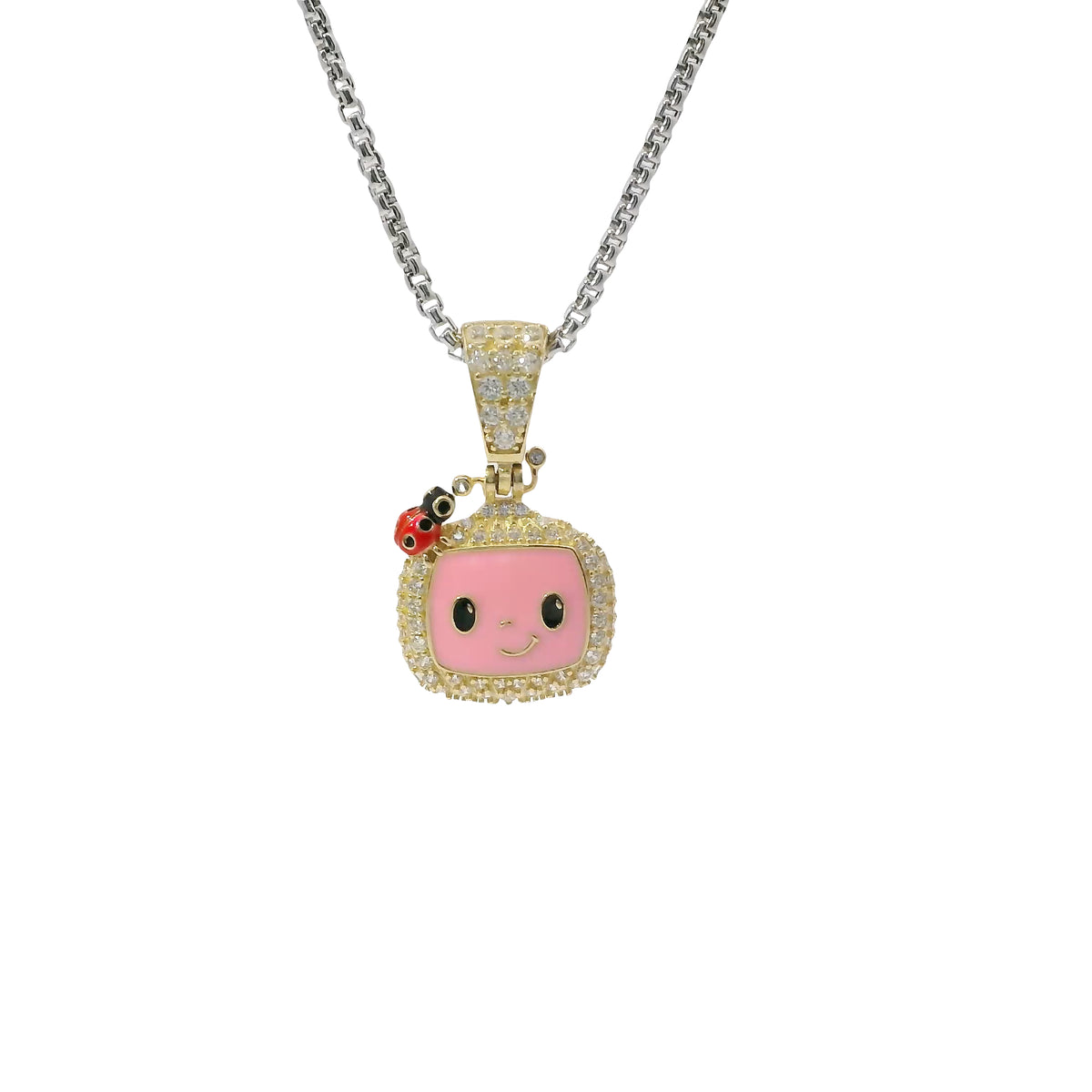 14KT Gold Charm Small 3D Enamel CoCo Melon Face Flat Back with White CZ Stones Border and Bell