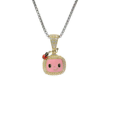 14KT Gold Charm Small 3D Enamel CoCo Melon Face Flat Back with White CZ Stones Border and Bell