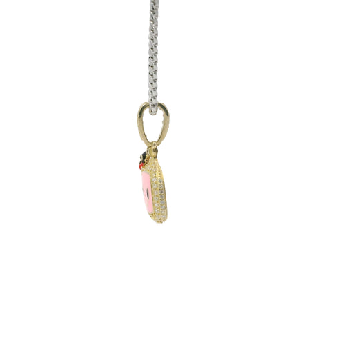 14KT Gold Charm Small 3D Enamel CoCo Melon Face Flat Back with White CZ Stones Border and Bell