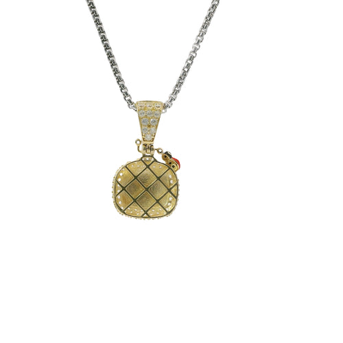 14KT Gold Charm Small 3D Enamel CoCo Melon Face Flat Back with White CZ Stones Border and Bell
