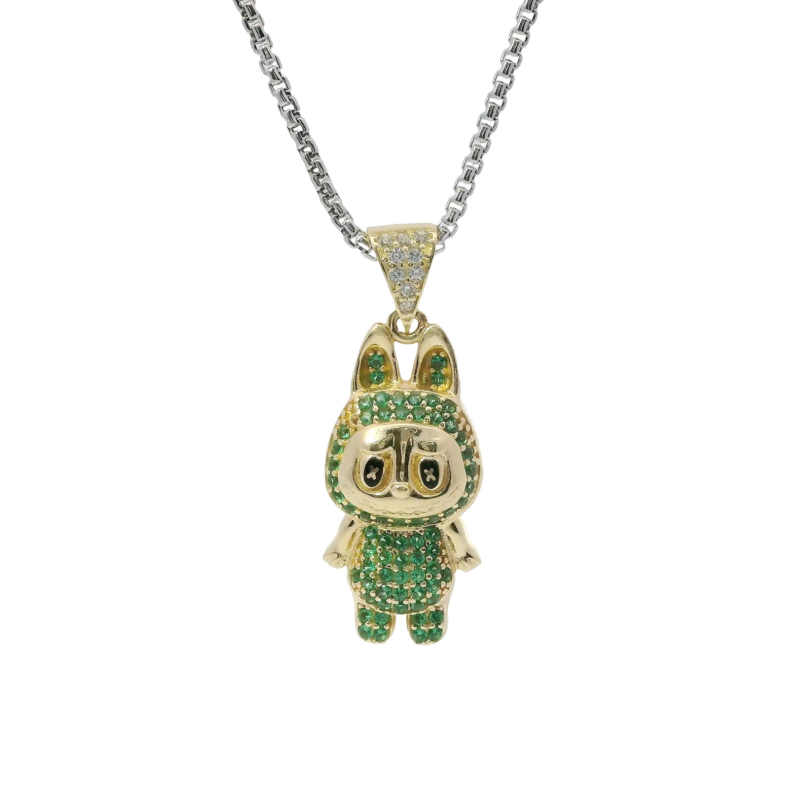 14KT Gold Charm Small 3D Green CZ Stones LaBuBu Body, Black Enamel Eyes, and White CZ Stones Bell